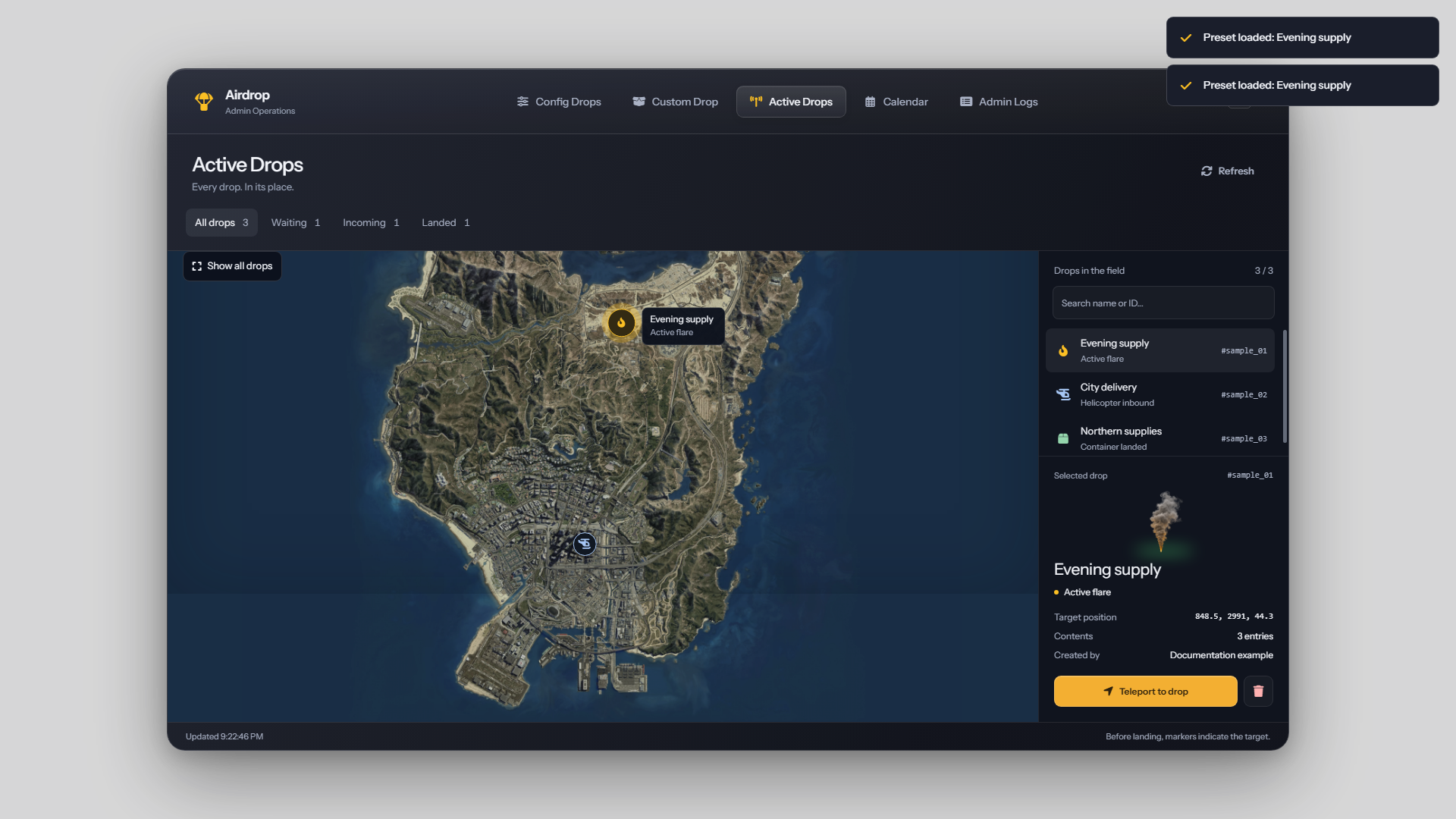 Active Drops map and selected-drop details