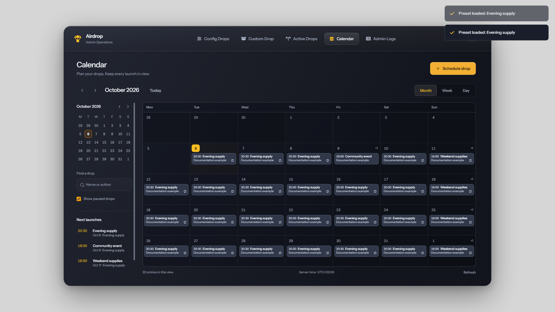 Calendar month view with scheduled events