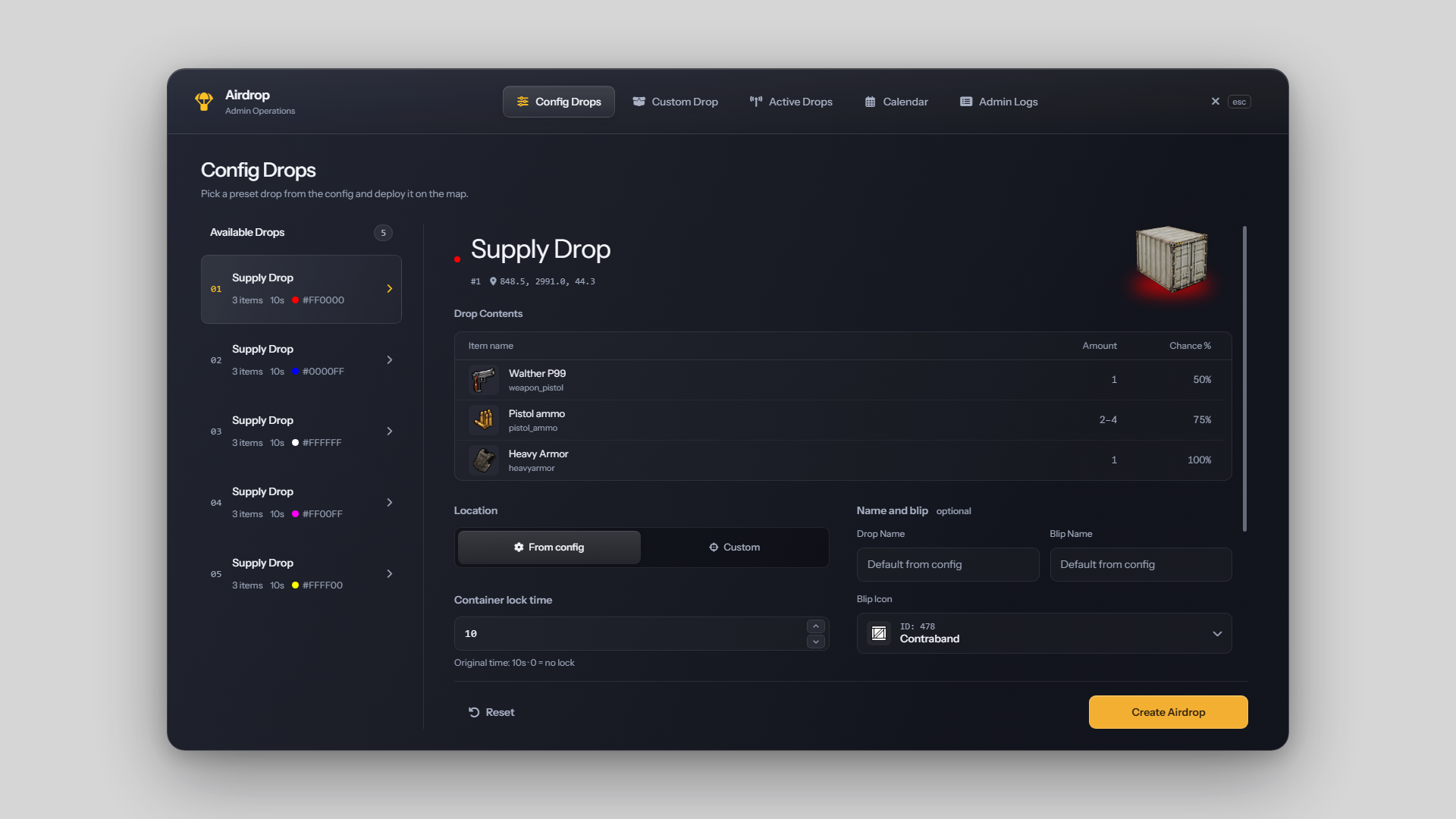 Config Drops with a configured drop selected
