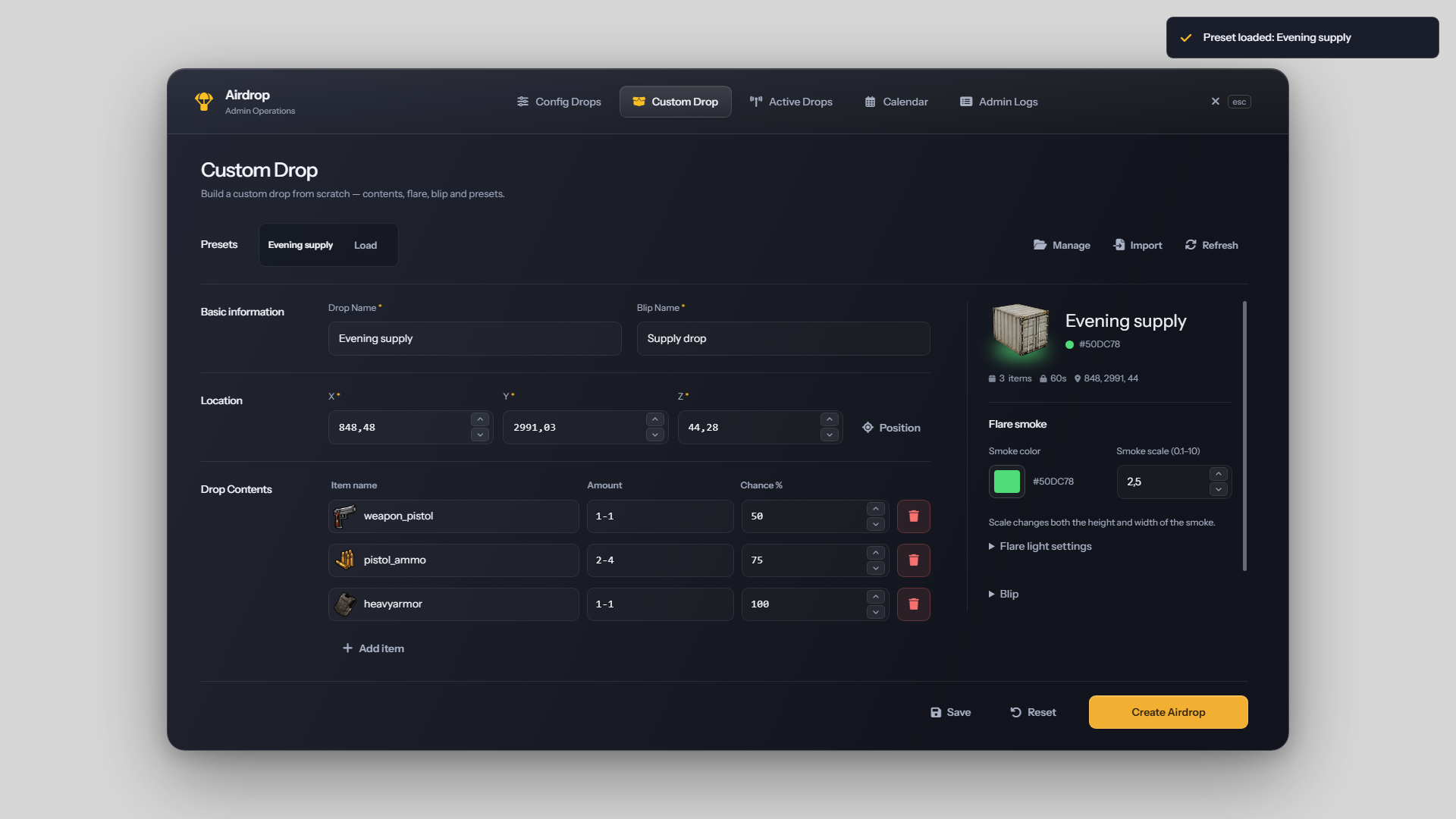 Custom Drop editor with a loaded preset