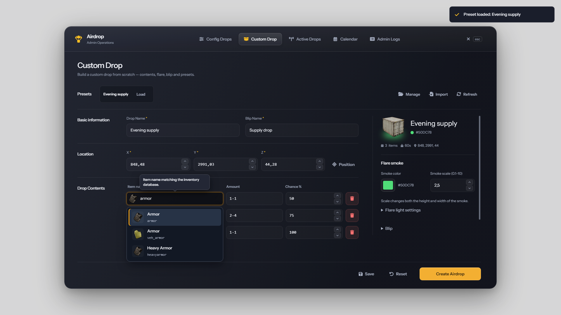 Inventory search suggestions in the Custom Drop editor