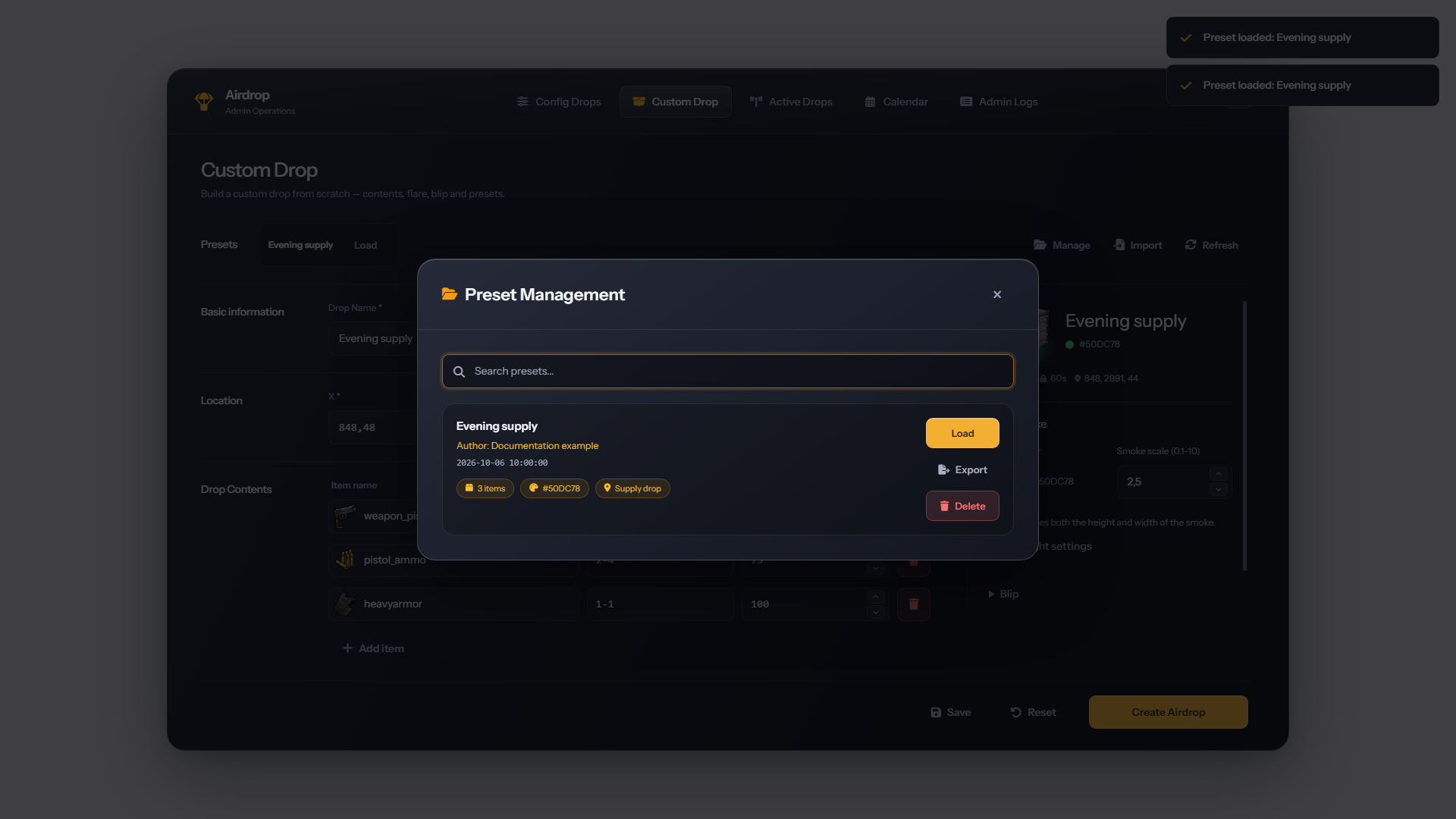 Preset manager with a saved preset